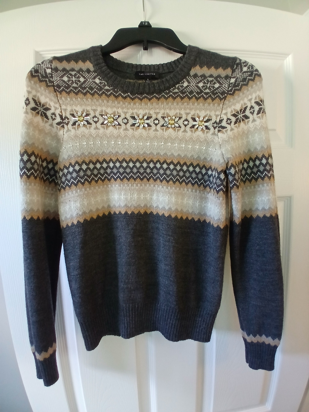 The Limited Women's Gray Fair Isle Crewneck Sweater with Cream and Tan Accents